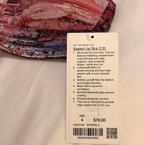 NWT!! Lululemon!  Speed up bra C/D size 4